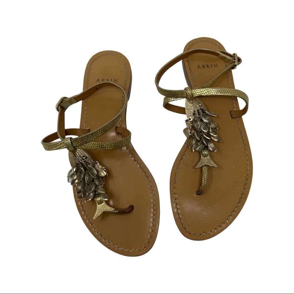 Aerin golden peddle leather t strap sandals with fish scale gem designs 6.5